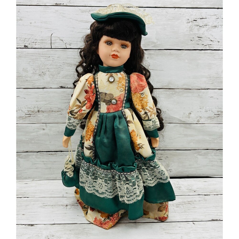 Vintage Porcelain Collector Doll Brunette Curly Hair Green Floral Dress Hat bag